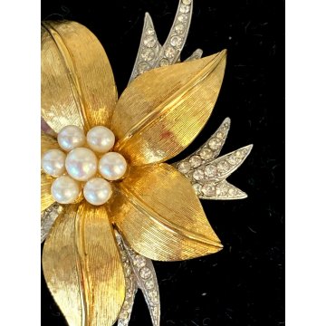 VINTAGE SPILLA Carven broche FIORE firmata '900 DORATA e ARGENTATA strass perle