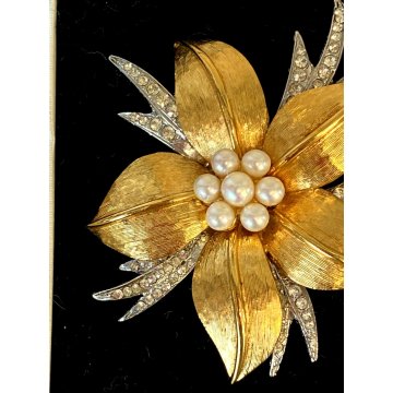 VINTAGE SPILLA Carven broche FIORE firmata '900 DORATA e ARGENTATA strass perle