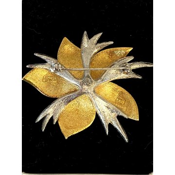 VINTAGE SPILLA Carven broche FIORE firmata '900 DORATA e ARGENTATA strass perle