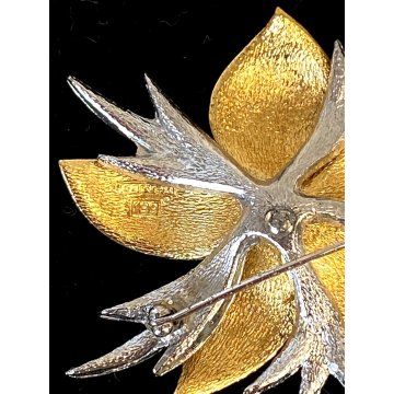 VINTAGE SPILLA Carven broche FIORE firmata '900 DORATA e ARGENTATA strass perle