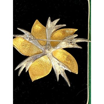 VINTAGE SPILLA Carven broche FIORE firmata '900 DORATA e ARGENTATA strass perle