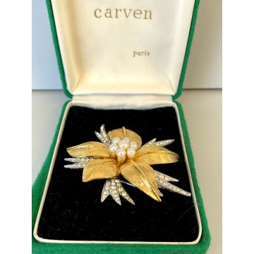 VINTAGE SPILLA Carven broche FIORE firmata '900 DORATA e ARGENTATA strass perle