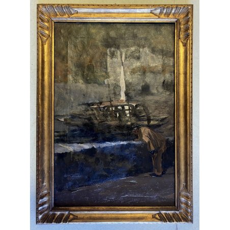 ANTICO DIPINTO OLIO Giovanni Beltrami PAESAGGIO LACUSTRE FIGURA Scapigliatura