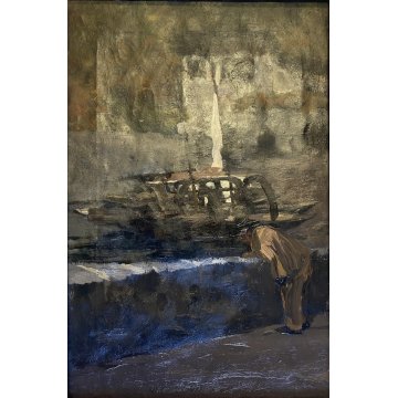 ANTICO DIPINTO OLIO Giovanni Beltrami PAESAGGIO LACUSTRE FIGURA Scapigliatura