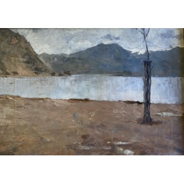 ANTICO DIPINTO OLIO Giovanni Beltrami PAESAGGIO LACUSTRE MONTANO Scapigliatura