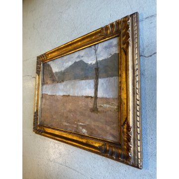 ANTICO DIPINTO OLIO Giovanni Beltrami PAESAGGIO LACUSTRE MONTANO Scapigliatura