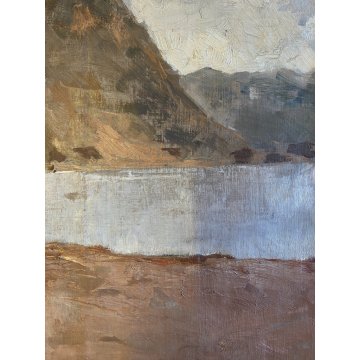 ANTICO DIPINTO OLIO Giovanni Beltrami PAESAGGIO LACUSTRE MONTANO Scapigliatura
