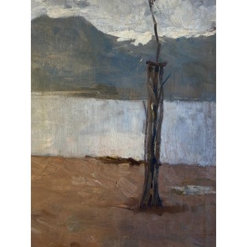 ANTICO DIPINTO OLIO Giovanni Beltrami PAESAGGIO LACUSTRE MONTANO Scapigliatura