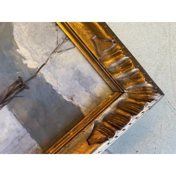 ANTICO DIPINTO OLIO Giovanni Beltrami PAESAGGIO LACUSTRE MONTANO Scapigliatura