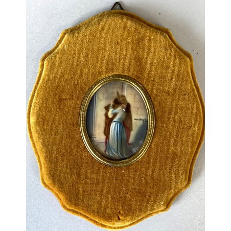 VECCHIA MINIATURA ovale IL BACIO DI HAYEZ dipinta mano firmata CORNICE VELLUTO