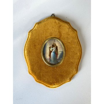 VECCHIA MINIATURA ovale IL BACIO DI HAYEZ dipinta mano firmata CORNICE VELLUTO