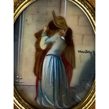 VECCHIA MINIATURA ovale IL BACIO DI HAYEZ dipinta mano firmata CORNICE VELLUTO