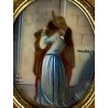 VECCHIA MINIATURA ovale IL BACIO DI HAYEZ dipinta mano firmata CORNICE VELLUTO