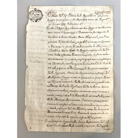 ANTICO DOCUMENTO CARTA BOLLATA REPUBBLICA CISALPINA DIPARTIMENTO Crostolo 1801