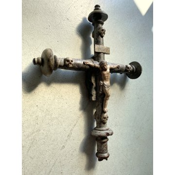 INSEGNA PROCESSIONALE CROCIFISSO LEGNO SCOLPITO 2 LATI PIETA' CORPUS CHRISTI 600