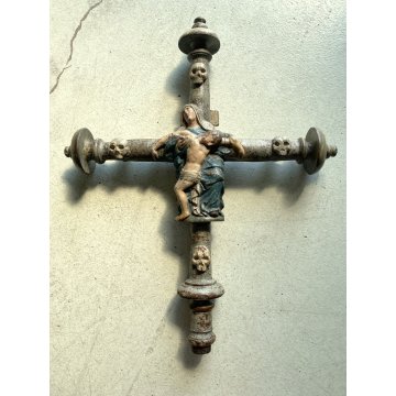 INSEGNA PROCESSIONALE CROCIFISSO LEGNO SCOLPITO 2 LATI PIETA' CORPUS CHRISTI 600