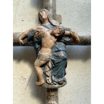 INSEGNA PROCESSIONALE CROCIFISSO LEGNO SCOLPITO 2 LATI PIETA' CORPUS CHRISTI 600
