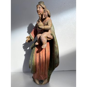 ANTICA MADONNA SCULTURA LEGNO DIPINTO POLICROMIA MEZZALUNA GESU' BAMBINO GLOBO