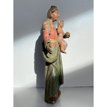 ANTICA MADONNA SCULTURA LEGNO DIPINTO POLICROMIA MEZZALUNA GESU' BAMBINO GLOBO