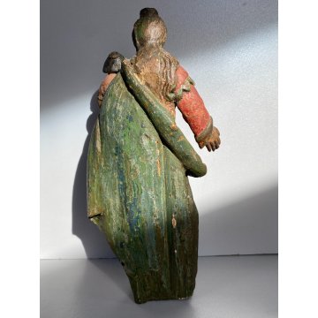 ANTICA MADONNA SCULTURA LEGNO DIPINTO POLICROMIA MEZZALUNA GESU' BAMBINO GLOBO
