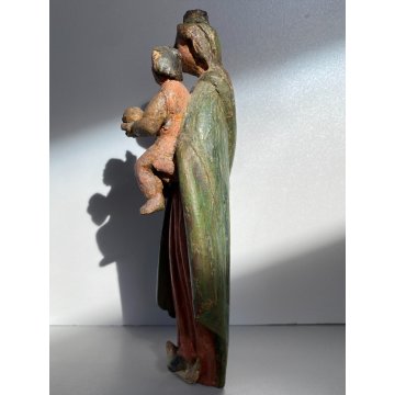 ANTICA MADONNA SCULTURA LEGNO DIPINTO POLICROMIA MEZZALUNA GESU' BAMBINO GLOBO