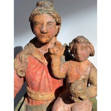 ANTICA MADONNA SCULTURA LEGNO DIPINTO POLICROMIA MEZZALUNA GESU' BAMBINO GLOBO