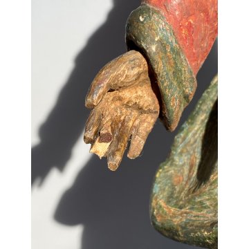 ANTICA MADONNA SCULTURA LEGNO DIPINTO POLICROMIA MEZZALUNA GESU' BAMBINO GLOBO