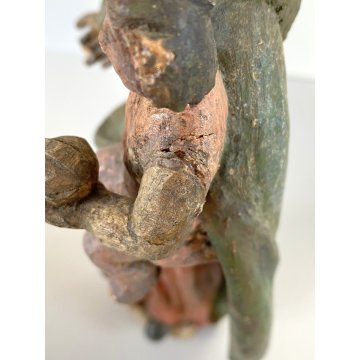 ANTICA MADONNA SCULTURA LEGNO DIPINTO POLICROMIA MEZZALUNA GESU' BAMBINO GLOBO
