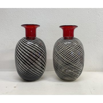 COPPIA VASO VETRO Murano SPIRALI ROSSO TRASPARENTE ANNI 80 VASE GLASS VINTAGE