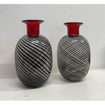 COPPIA VASO VETRO Murano SPIRALI ROSSO TRASPARENTE ANNI 80 VASE GLASS VINTAGE