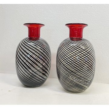COPPIA VASO VETRO Murano SPIRALI ROSSO TRASPARENTE ANNI 80 VASE GLASS VINTAGE