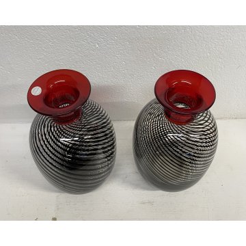 COPPIA VASO VETRO Murano SPIRALI ROSSO TRASPARENTE ANNI 80 VASE GLASS VINTAGE