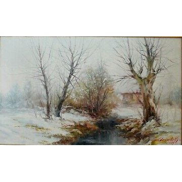ANTICO QUADRO DIPINTO OLIO TELA G.Cirimbelli PAESAGGIO NEVE RUSCELLO CASALE '77 