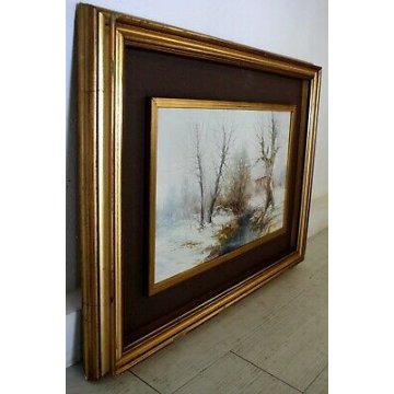 ANTICO QUADRO DIPINTO OLIO TELA G.Cirimbelli PAESAGGIO NEVE RUSCELLO CASALE '77 