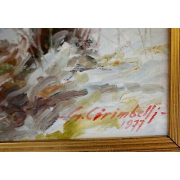 ANTICO QUADRO DIPINTO OLIO TELA G.Cirimbelli PAESAGGIO NEVE RUSCELLO CASALE '77 