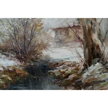 ANTICO QUADRO DIPINTO OLIO TELA G.Cirimbelli PAESAGGIO NEVE RUSCELLO CASALE '77 