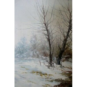 ANTICO QUADRO DIPINTO OLIO TELA G.Cirimbelli PAESAGGIO NEVE RUSCELLO CASALE '77 