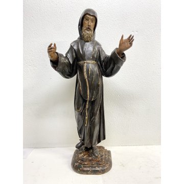ANTICA SCULTURA S.FRANCESCO DA PAOLA  LEGNO SCOLPITO DIPINTO 67 cm/h EPOCA '600