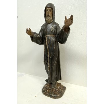 ANTICA SCULTURA S.FRANCESCO DA PAOLA  LEGNO SCOLPITO DIPINTO 67 cm/h EPOCA '600