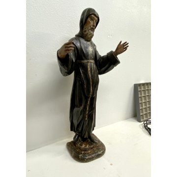 ANTICA SCULTURA S.FRANCESCO DA PAOLA  LEGNO SCOLPITO DIPINTO 67 cm/h EPOCA '600