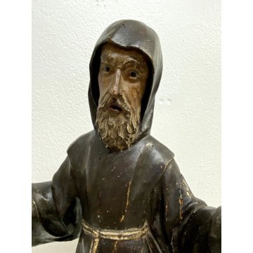 ANTICA SCULTURA S.FRANCESCO DA PAOLA  LEGNO SCOLPITO DIPINTO 67 cm/h EPOCA '600