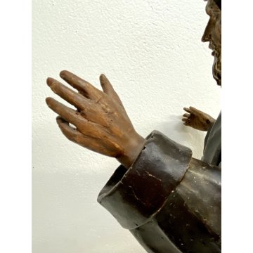 ANTICA SCULTURA S.FRANCESCO DA PAOLA  LEGNO SCOLPITO DIPINTO 67 cm/h EPOCA '600