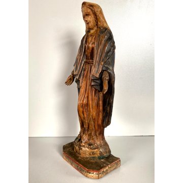 ANTICA SCULTURA Maria Immacolata 33 cm/h LEGNO DIPINTO PIEDE GLOBO SERPE XVIII