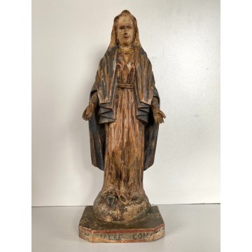 ANTICA SCULTURA Maria Immacolata 33 cm/h LEGNO DIPINTO PIEDE GLOBO SERPE XVIII
