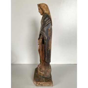 ANTICA SCULTURA Maria Immacolata 33 cm/h LEGNO DIPINTO PIEDE GLOBO SERPE XVIII