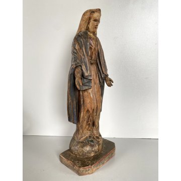 ANTICA SCULTURA Maria Immacolata 33 cm/h LEGNO DIPINTO PIEDE GLOBO SERPE XVIII
