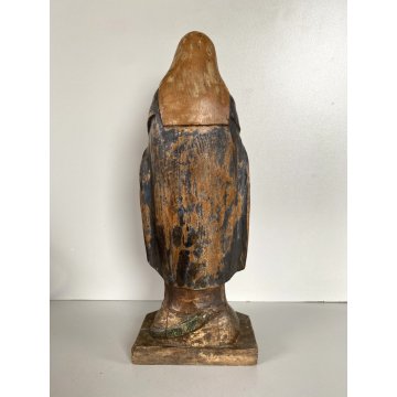 ANTICA SCULTURA Maria Immacolata 33 cm/h LEGNO DIPINTO PIEDE GLOBO SERPE XVIII