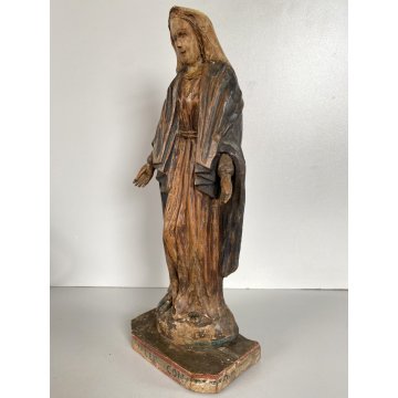 ANTICA SCULTURA Maria Immacolata 33 cm/h LEGNO DIPINTO PIEDE GLOBO SERPE XVIII