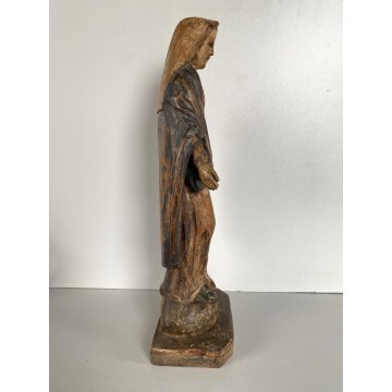 ANTICA SCULTURA Maria Immacolata 33 cm/h LEGNO DIPINTO PIEDE GLOBO SERPE XVIII