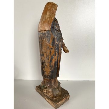 ANTICA SCULTURA Maria Immacolata 33 cm/h LEGNO DIPINTO PIEDE GLOBO SERPE XVIII